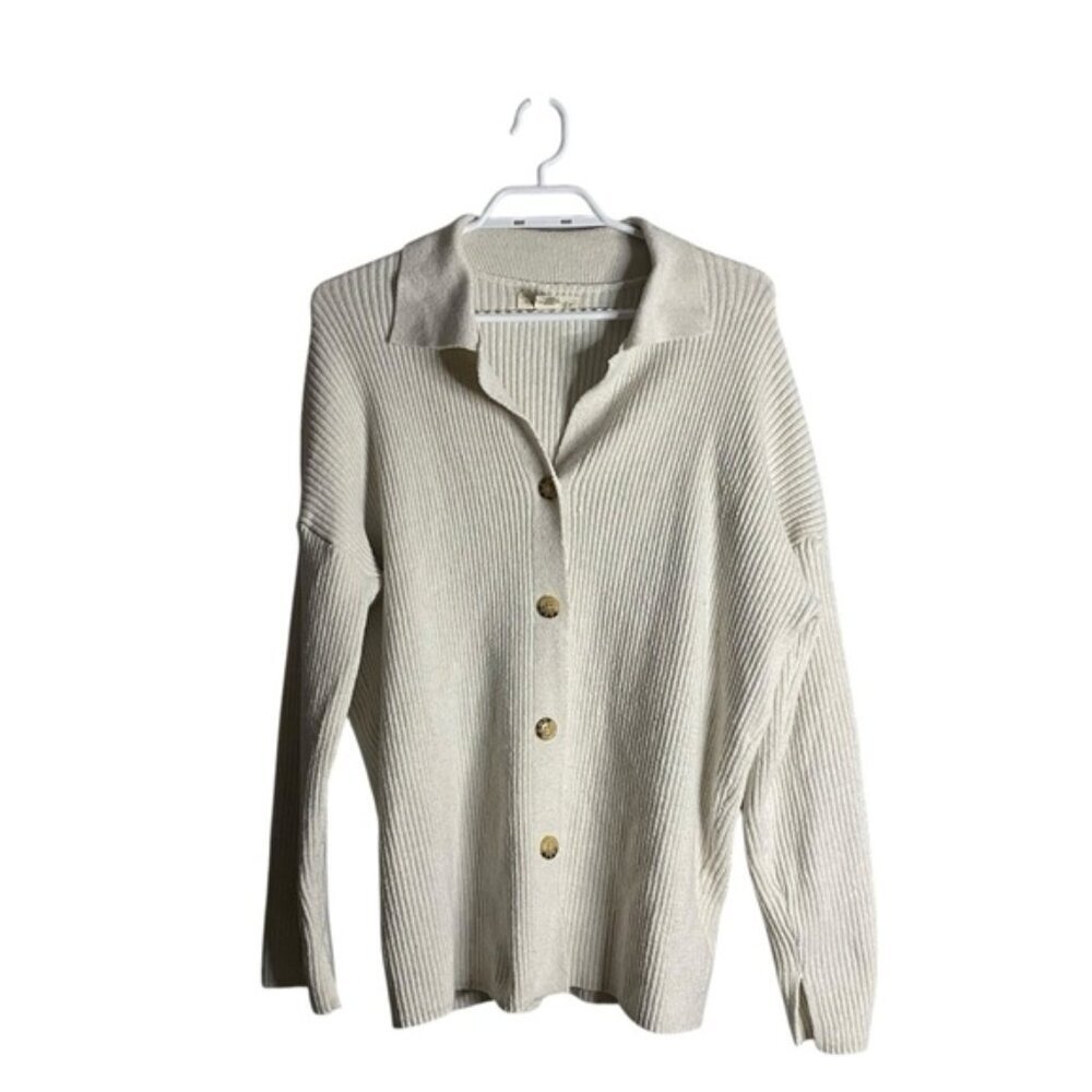 Happily Grey Women's Cream Button Down Ribbed Relaxed Fit Knit Sweater